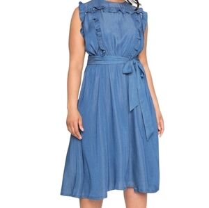 Eloquii | Blue Tencel/Denim Sleeveless Ruffle Trim Midi Length Dress (Size 16)